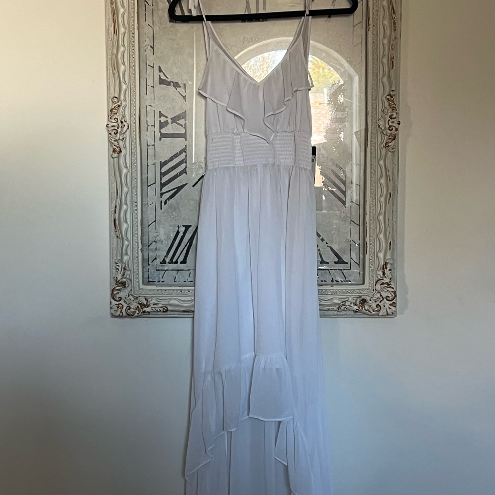 GUESS Ruffle White High Low Maxi Dress